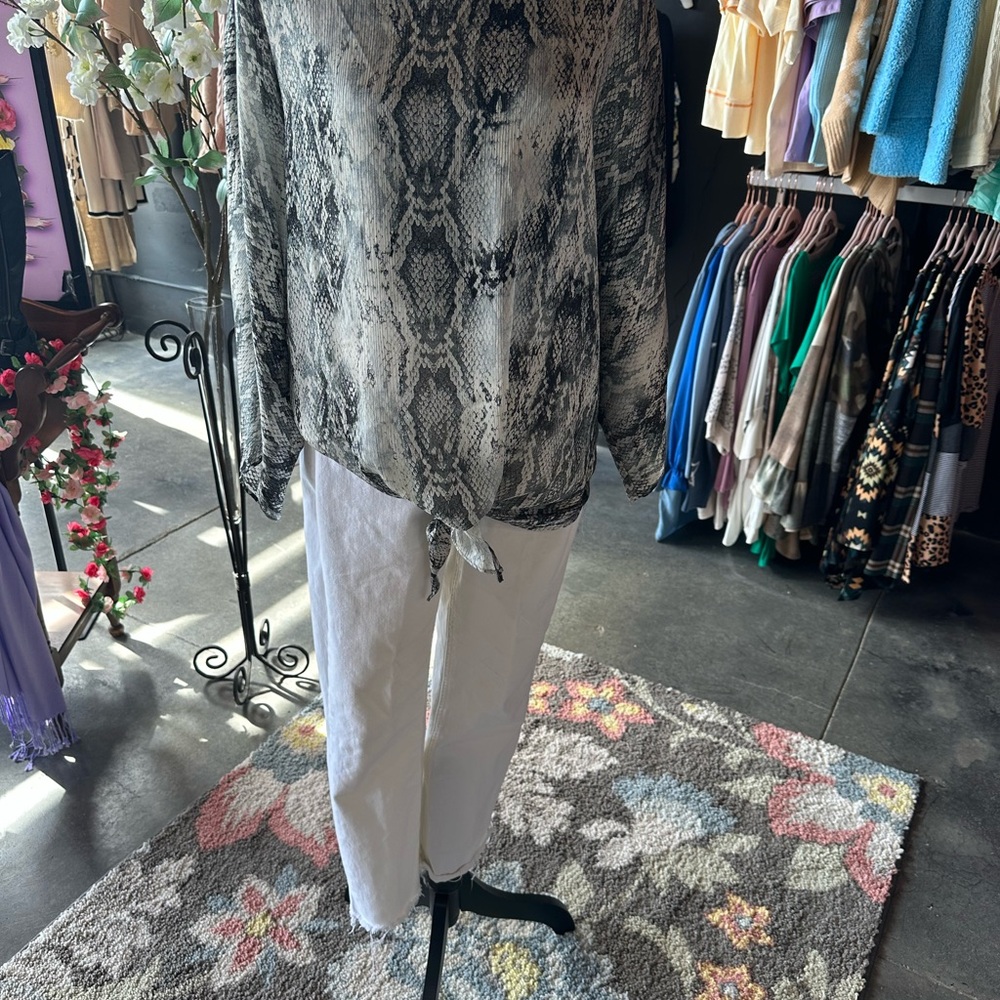 Snakeskin Print Blouse with White Pants
